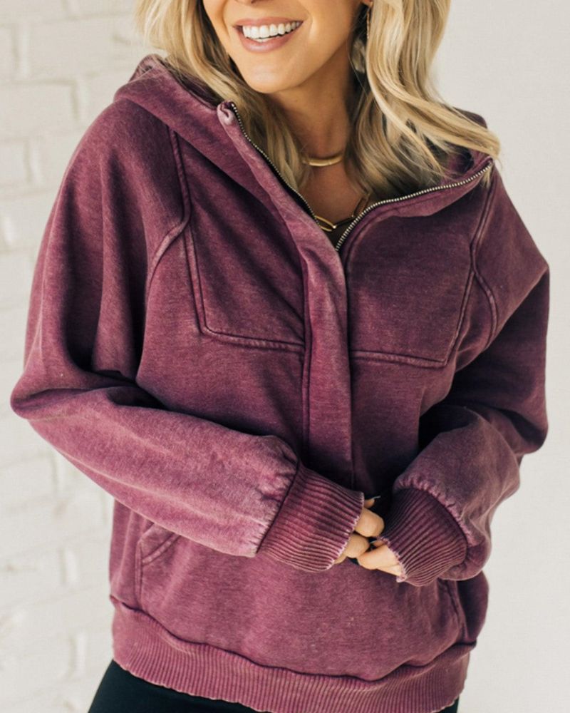 Nalas - Sweat à Capuche en Molleton avec Zip et Col Henley Effet Vintage