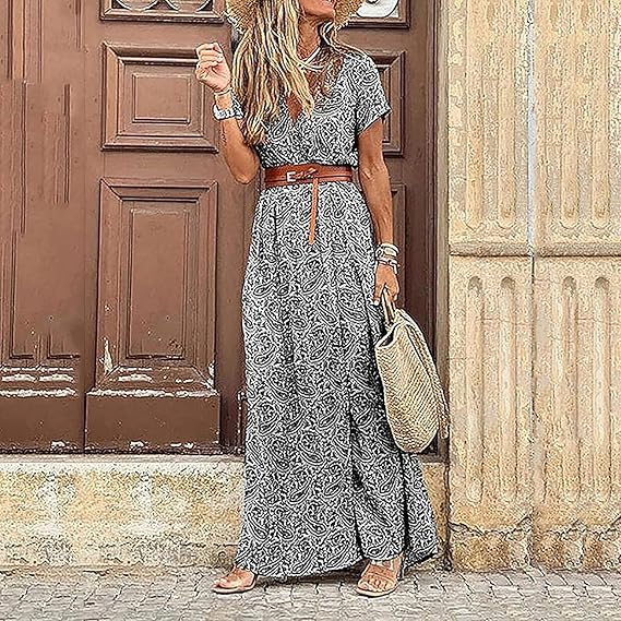 Robe Bohème Longue à Fleurs – Décolleté en V